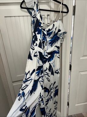 White & Blue Floral Silky Jumpsuit